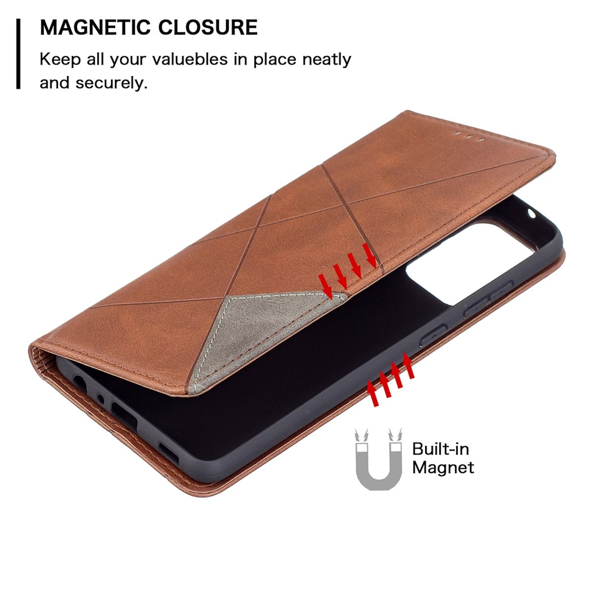 Braune Handyhülle mit geometrischem Design und Magnet.