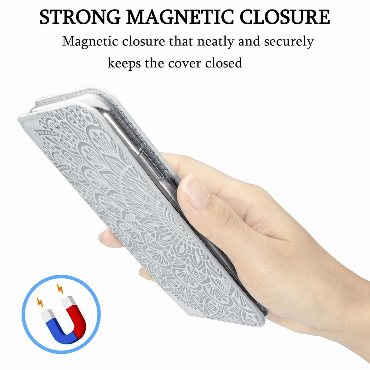 Eine Telefonhülle mit gemustertem Design, gehalten von einer Hand. Ein Magnet-Symbol ist sichtbar.
