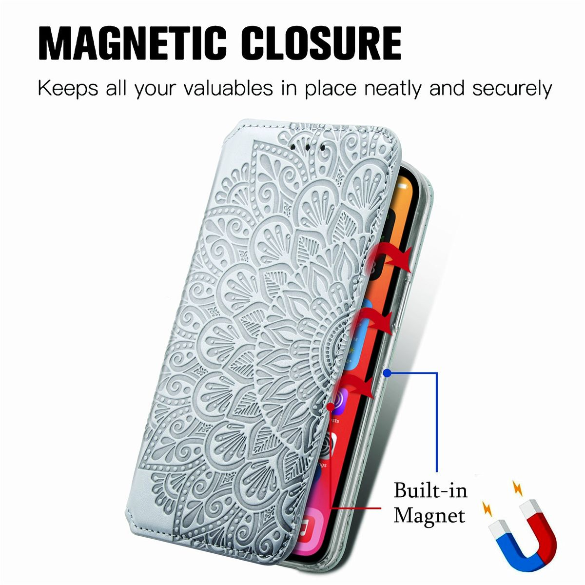 Geöffnete Handyhülle mit Mandala-Design. Rote Pfeile weisen auf Telefonfunktionen hin. Enthält einen eingebauten Magneten.