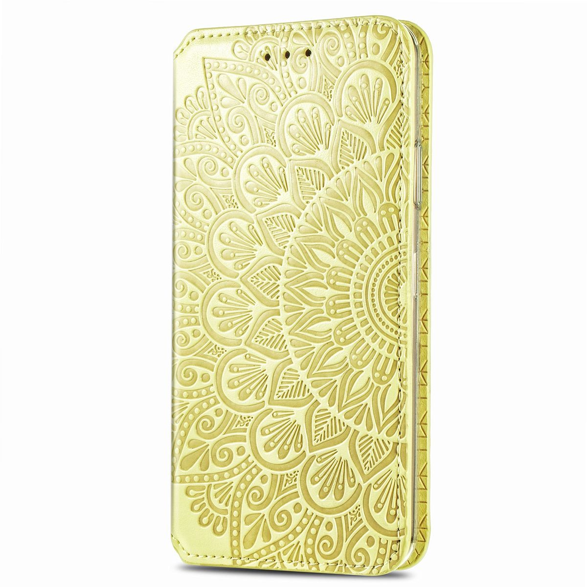 Gelbe Handyhülle mit detailliertem floralem Mandala-Design.