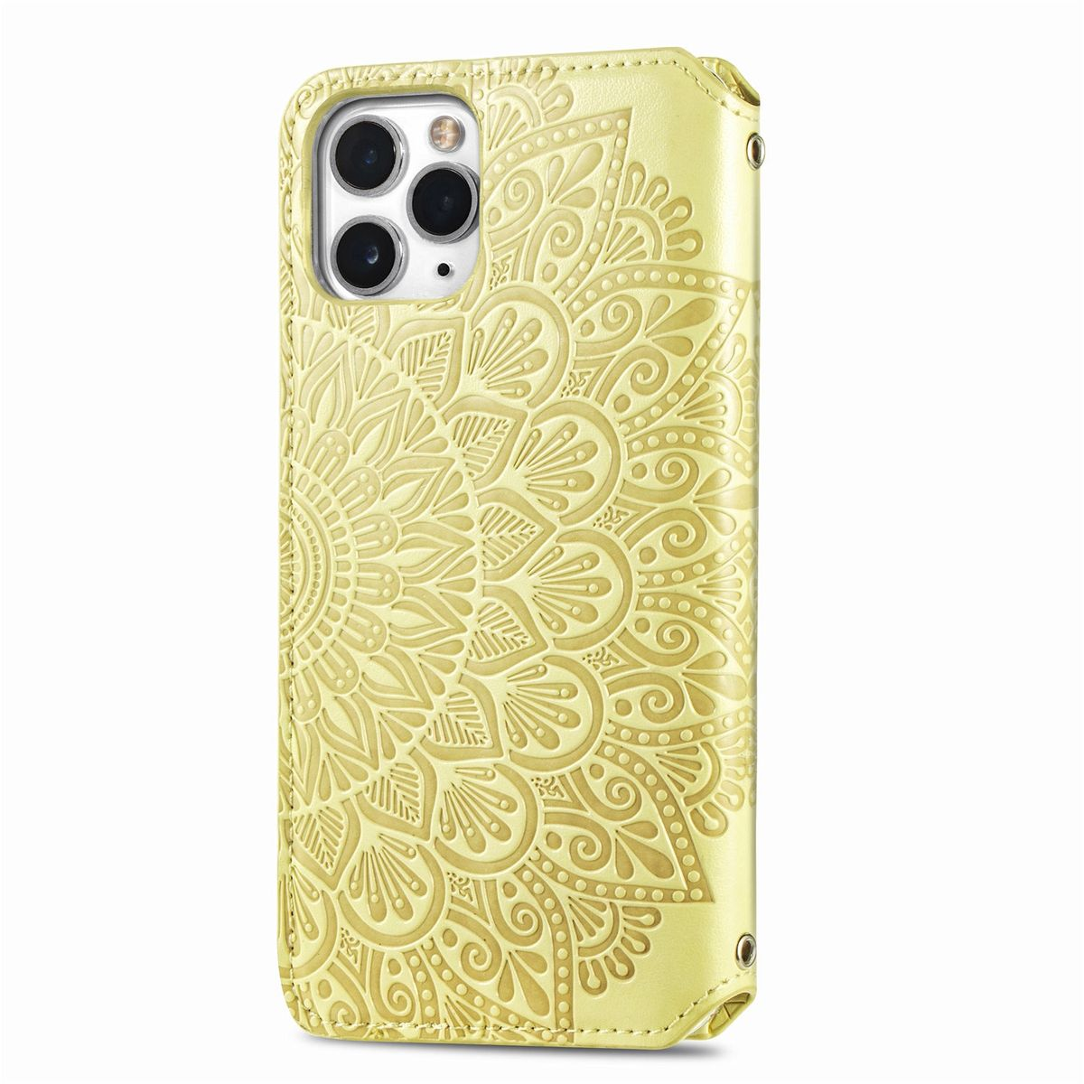 Gelbes Leder-Handycase mit floralem Mandala-Design. Geschlossen, mit sichtbarem Kartenfach.