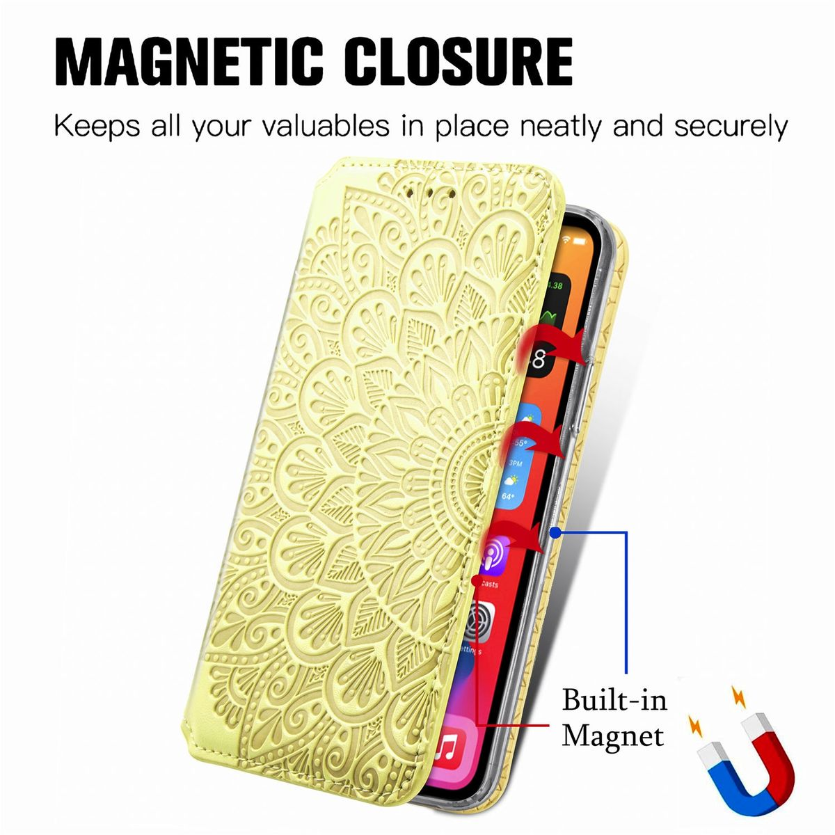 Telefon in gelber Hülle mit Mandala-Design, zeigt eingebauten Magneten.