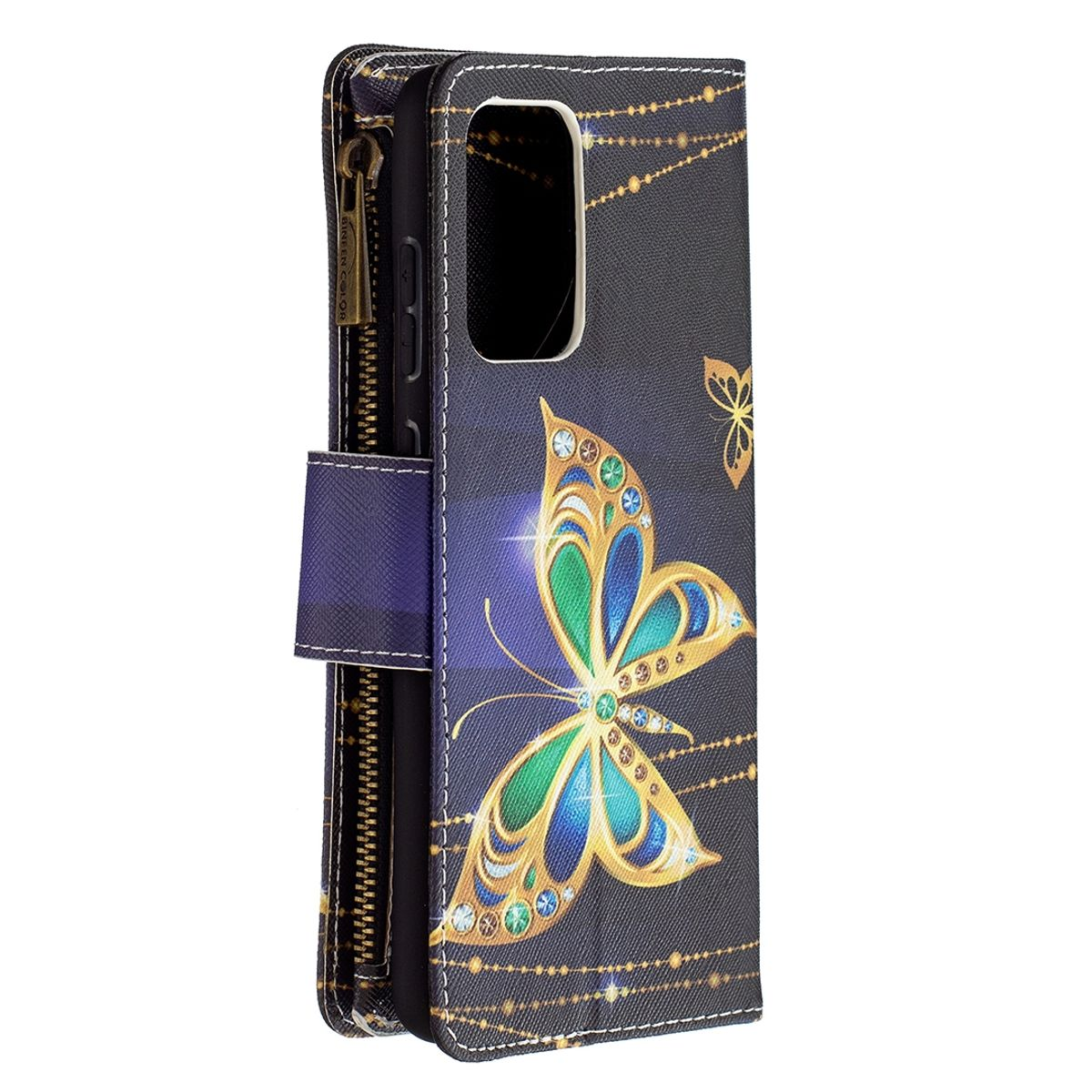 Smartphone-Hülle mit Schmetterlingsdesign. Die Hülle ist schwarz mit Reißverschluss.