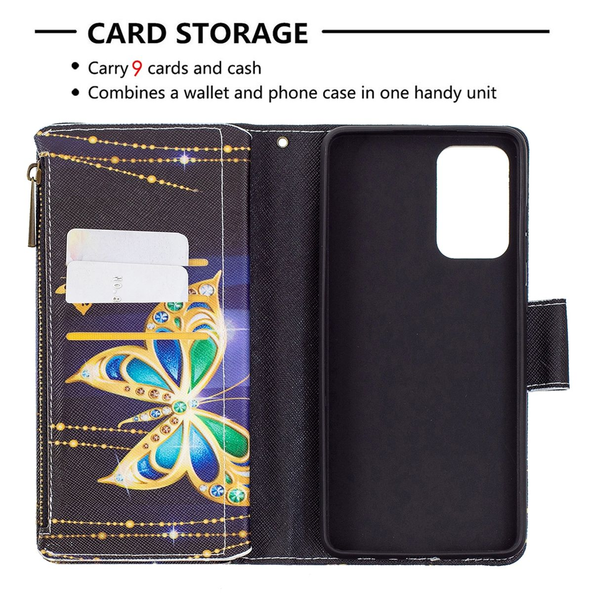 Geöffnete Telefonbrieftasche mit Schmetterlingsdesign, zeigt Karten- und Bargeldaufbewahrung.