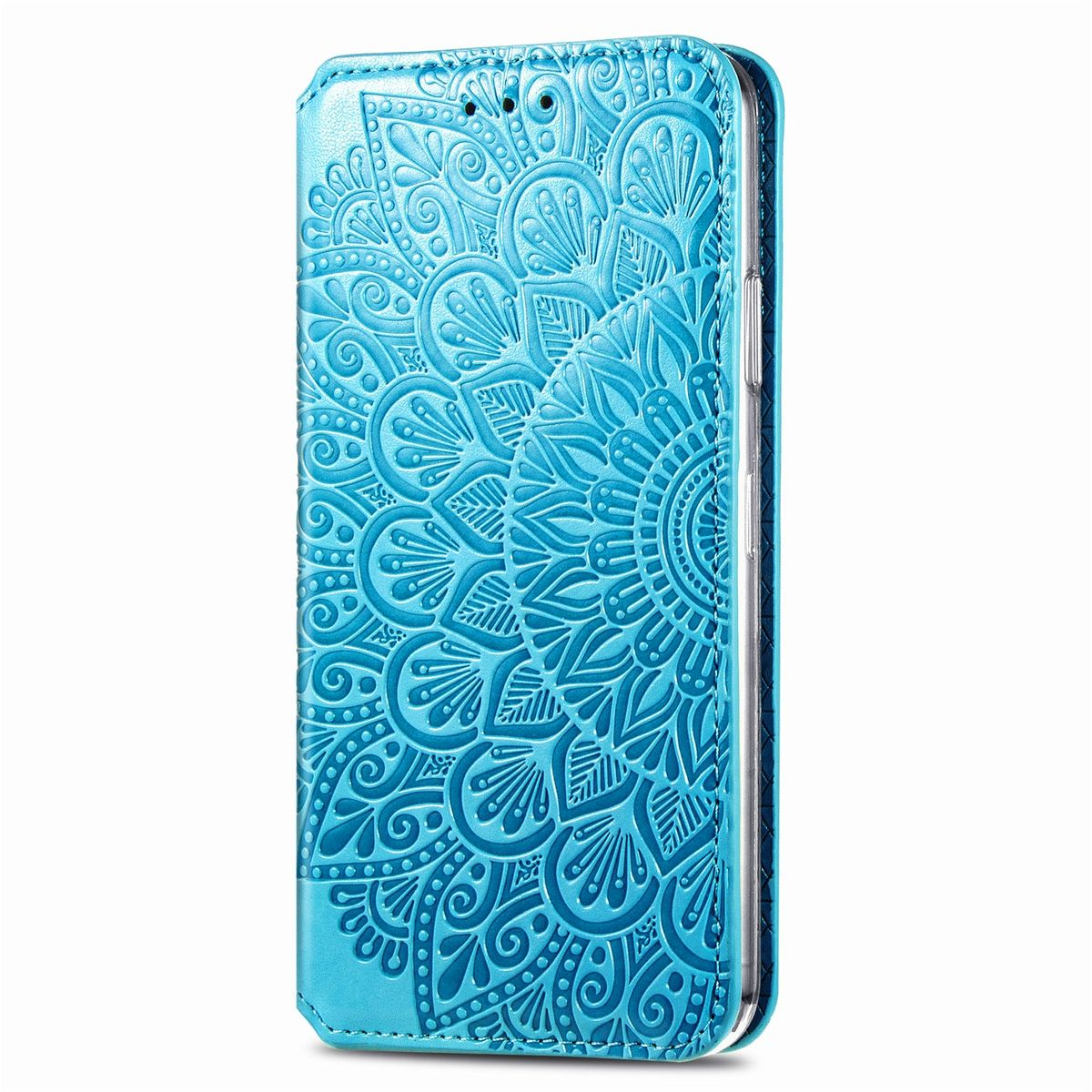 Blaue Leder-Handyhülle mit geprägtem floralen Mandala-Design. Die Hülle ist geschlossen und detailliert.
