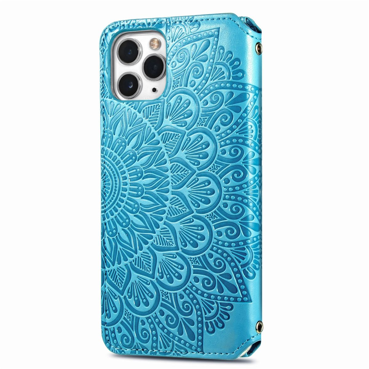 Blaue Handyhülle mit Mandala-Design, sichtbare Telefonkameras.