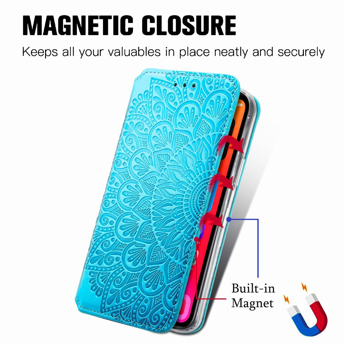 Blaue Handyhülle mit floralem Design, offen, um ein Telefon zu zeigen. Magnetverschluss hervorgehoben.