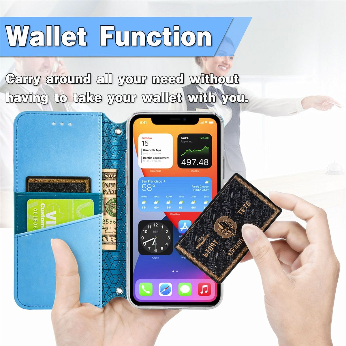 Hände halten eine blaue Handyhülle offen, zeigen Telefon und Karten. Text: Wallet Function.