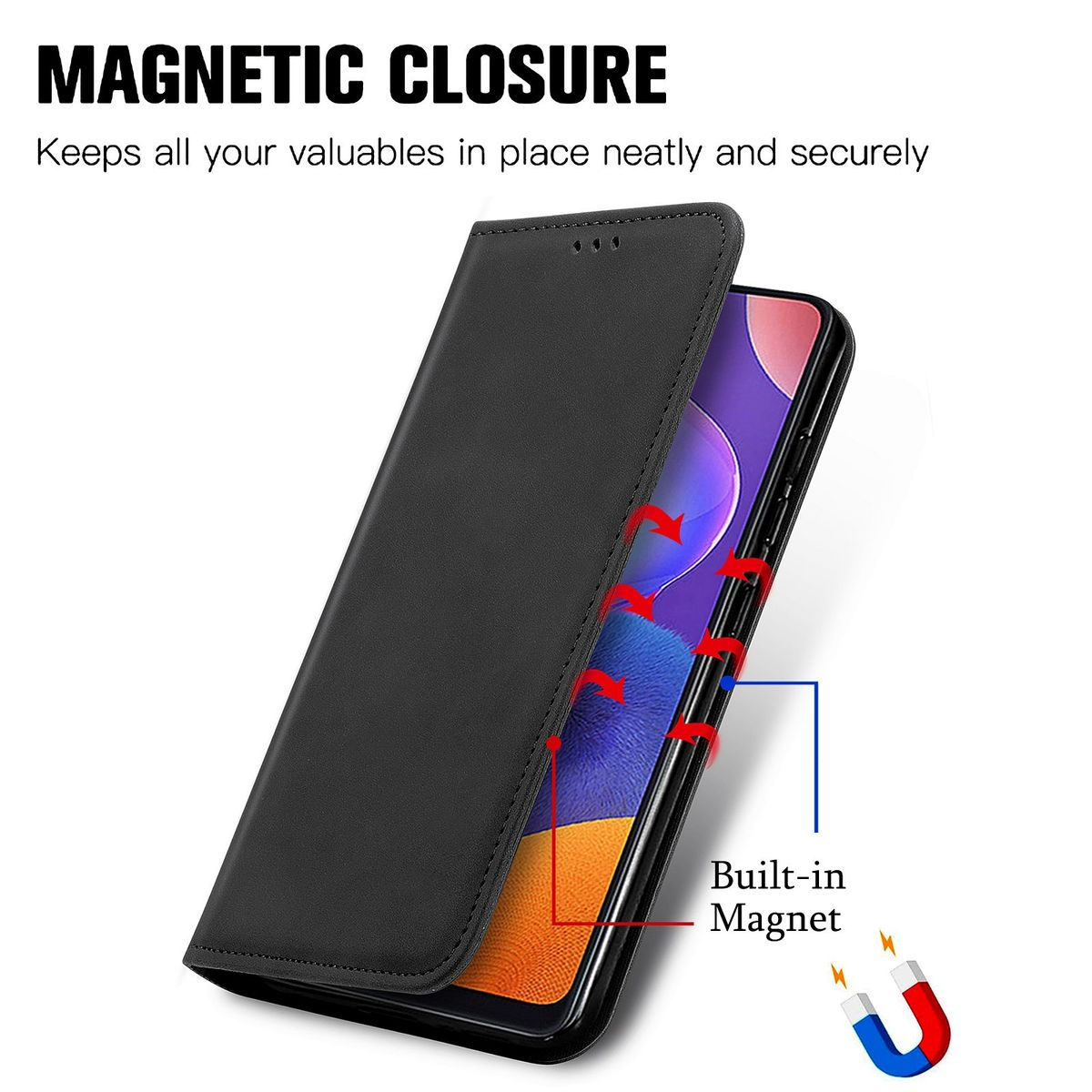 Handyhülle, Magnetverschluss, mit eingebautem Magnetdetail.