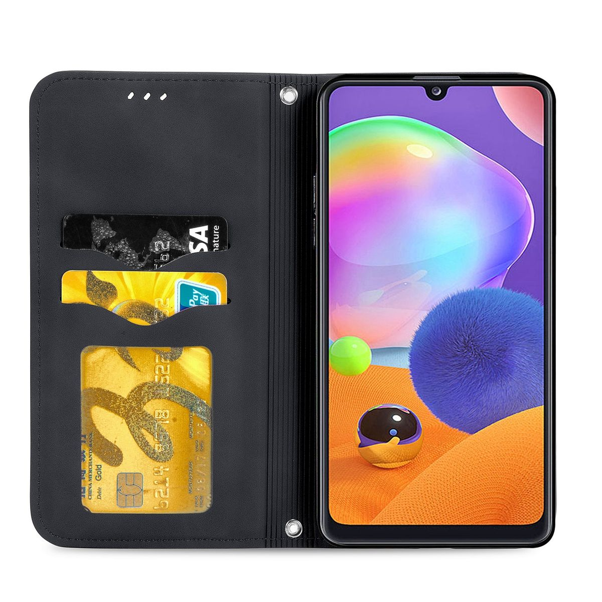 Eine offene schwarze Handyhülle mit Kreditkarten in Schlitzen und einem Telefon mit Bildschirm.