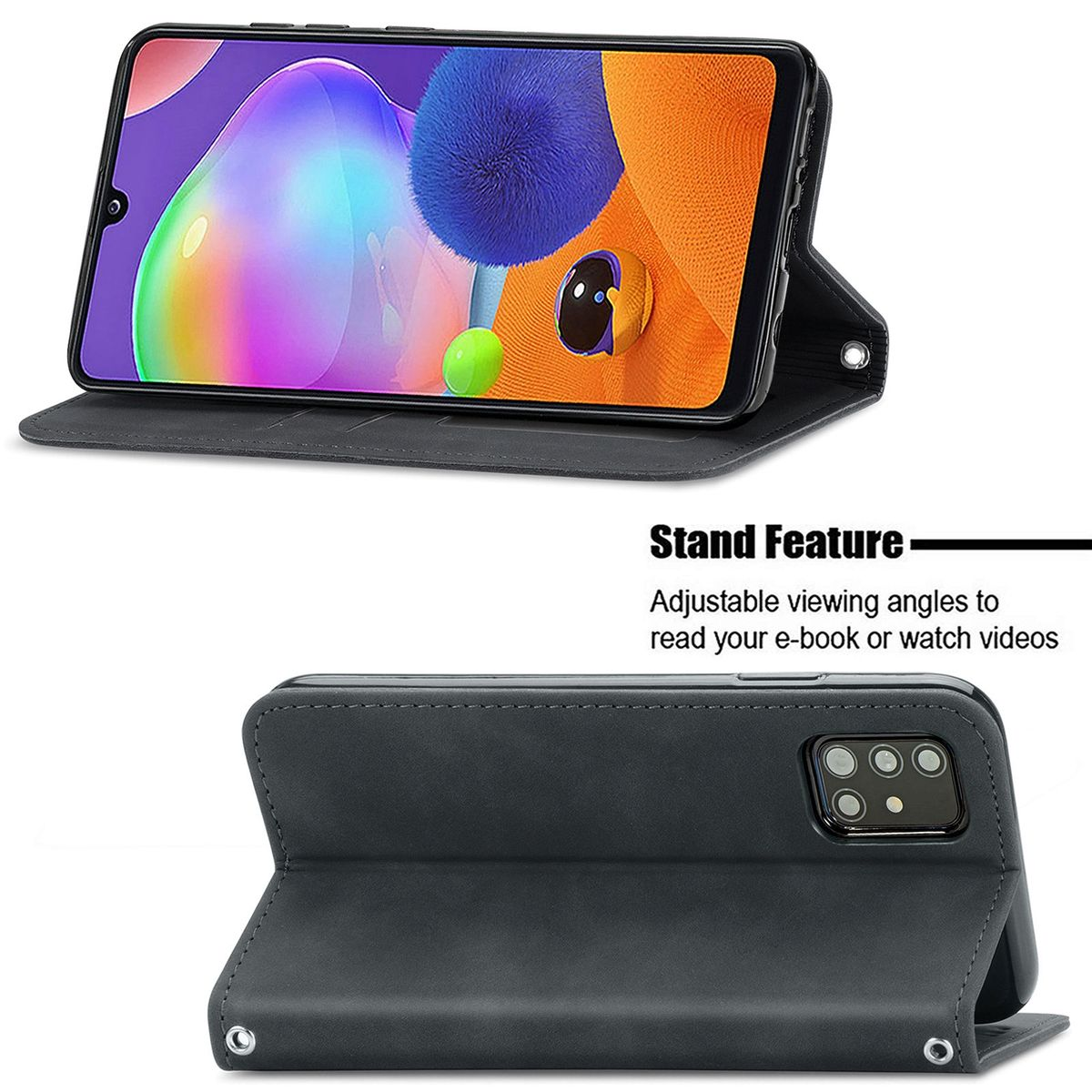 Schwarze Handyhülle mit Standfunktion. Telefon zeigt farbenfrohes Bild.
