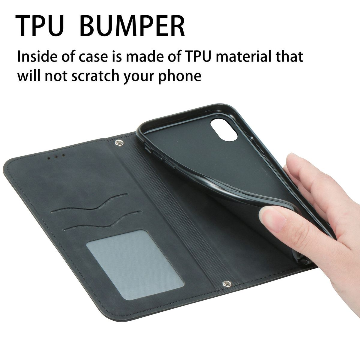 Schwarze Handyhülle, offen, mit Telefon darin. Text beschreibt TPU-Material.