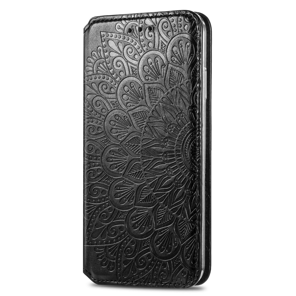 Schwarzes Leder-Handycase mit Mandala-Design. Geschlossen, mit strukturierter Oberfläche und sichtbaren Nähten.