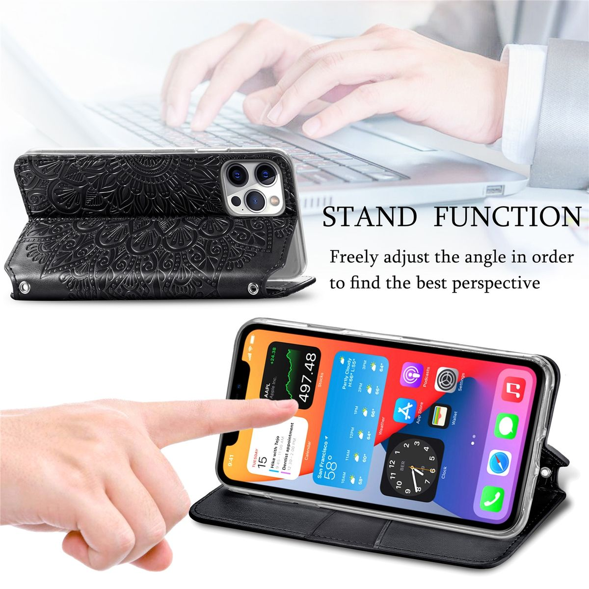 Handyhülle mit Telefon darin. Das Telefon ist zum Startbildschirm geöffnet. Eine Hand berührt den Bildschirm.