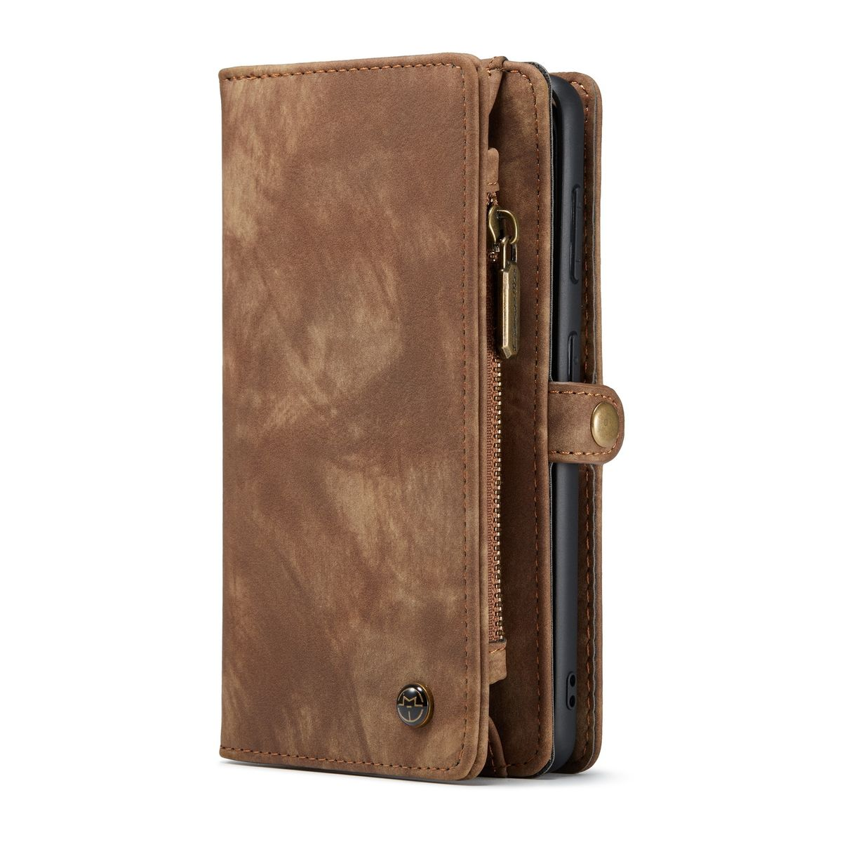 Braune Leder-Handyhülle mit Reißverschluss und kleiner Tasche, geöffnet, um das Telefon zu zeigen.