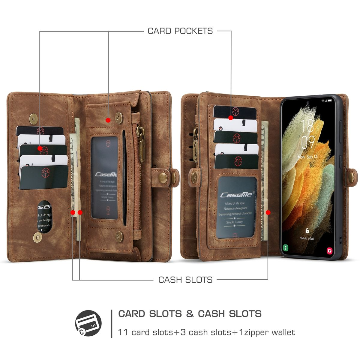 Geöffnete braune Ledergeldbörse mit Bargeld und Karten, neben einem Telefon.