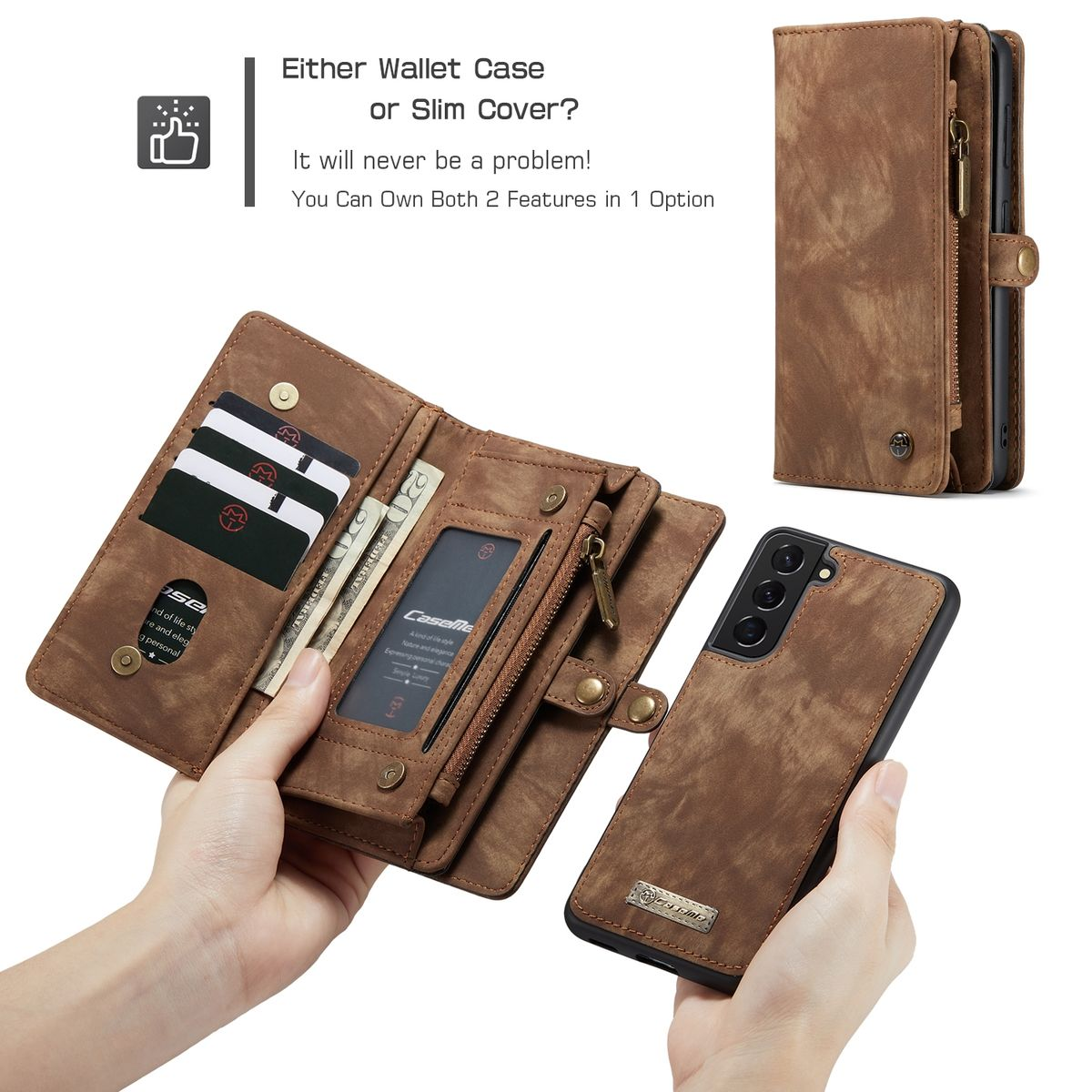 Braune Brieftaschenhülle mit Telefon und Karten. Es hat einen Magnetverschluss.