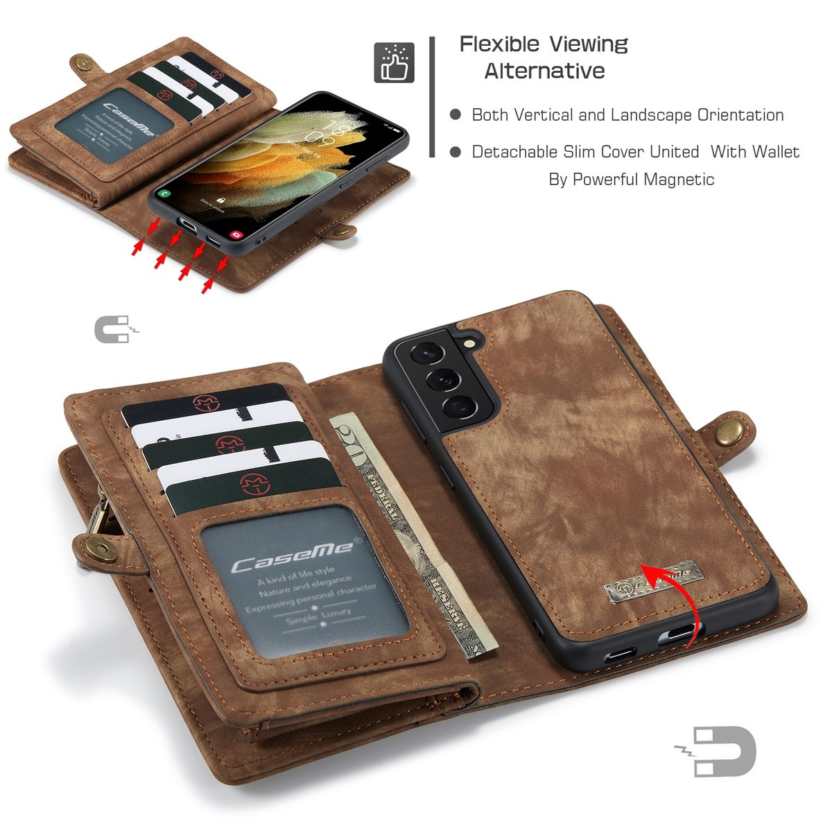 Ein Telefon in einer braunen Brieftasche mit Karten und einem Geldschein sichtbar.