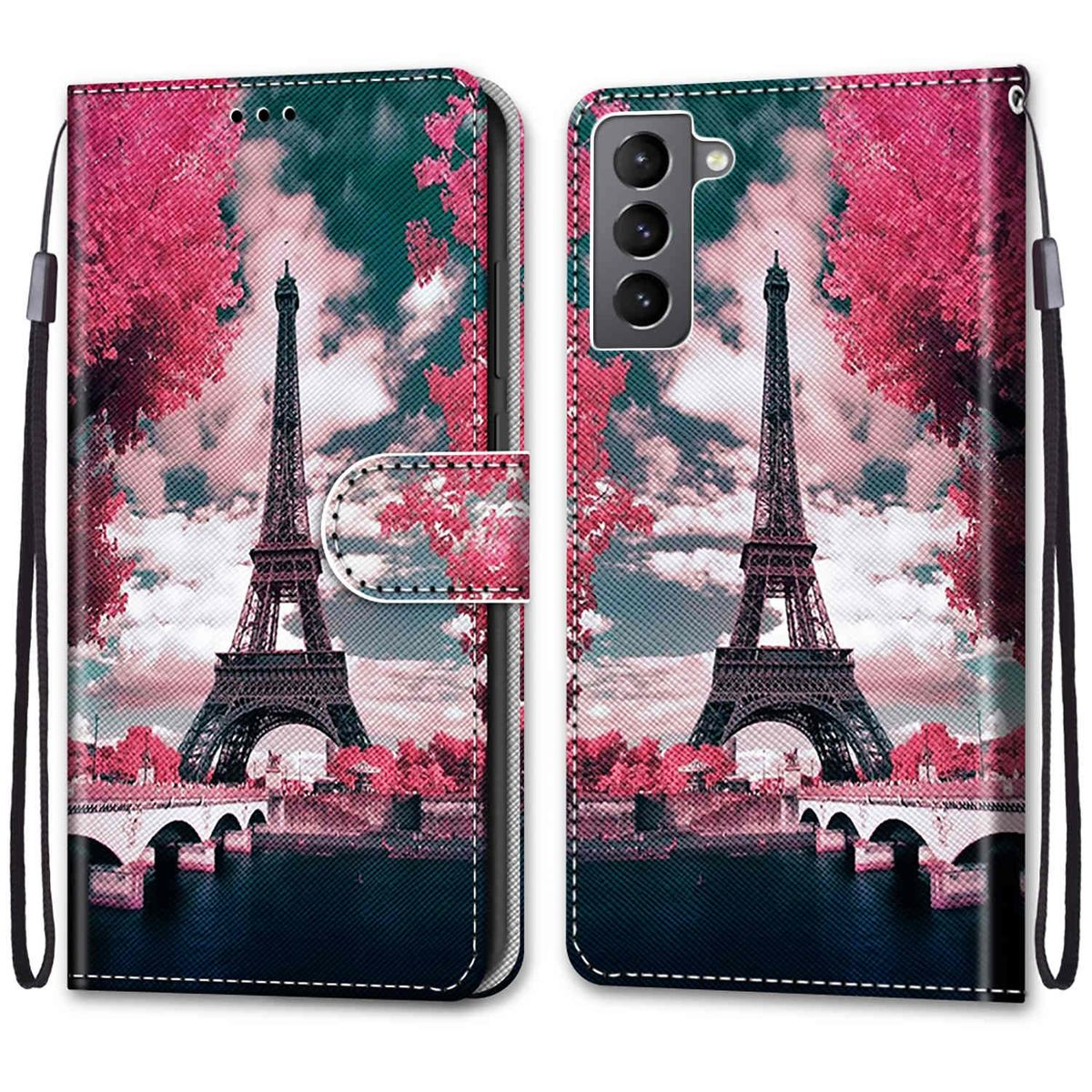 Geöffnete Handyhülle, Eiffelturm-Aufdruck, rosa Laub. Links offen, Telefon rechts.