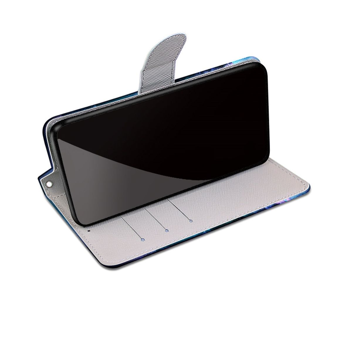 Schwarzes Telefon in offener Geldbörsenhülle. Hülle grau mit blau-weißem Design und Kartenhalter.
