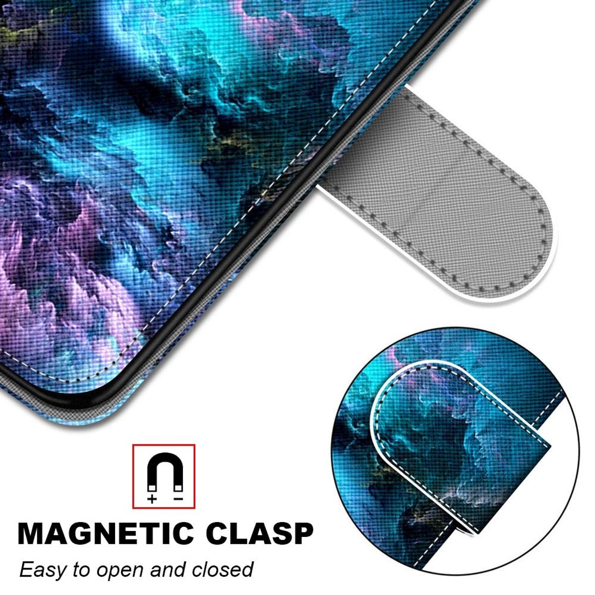 Eine Handyhülle mit blauem, wolkigem Design, die einen Magnetverschluss zeigt. Der Text lautet 'Magnetic Clasp'.