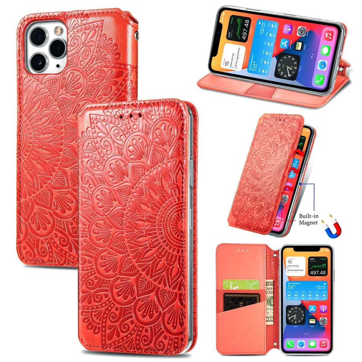 Rote Brieftaschen-Handyhülle mit Mandala-Design, offen und geschlossen. Zeigt Telefon und Karten.