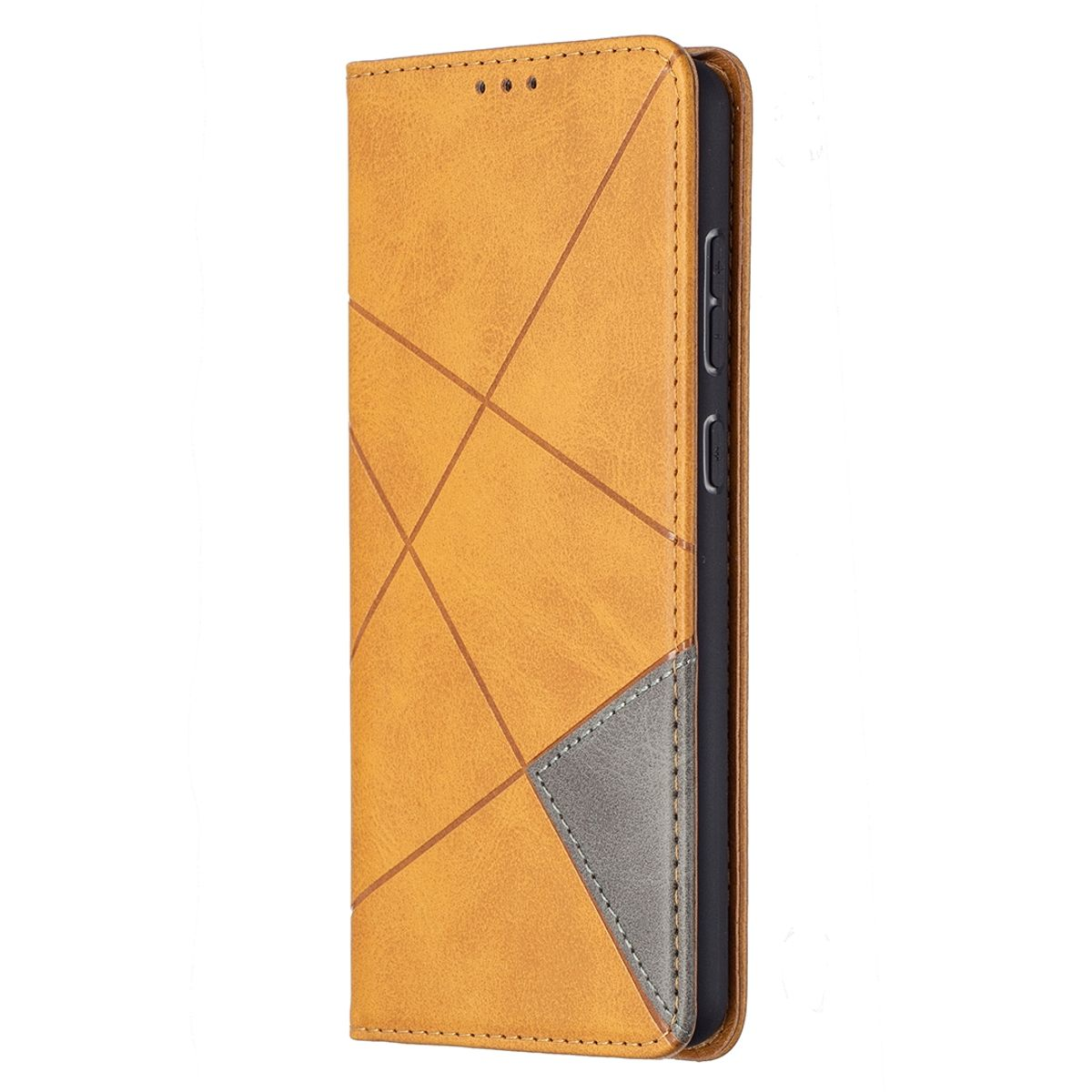 Senfgelbe Handyhülle mit geometrischem Design und grauem Akzent.