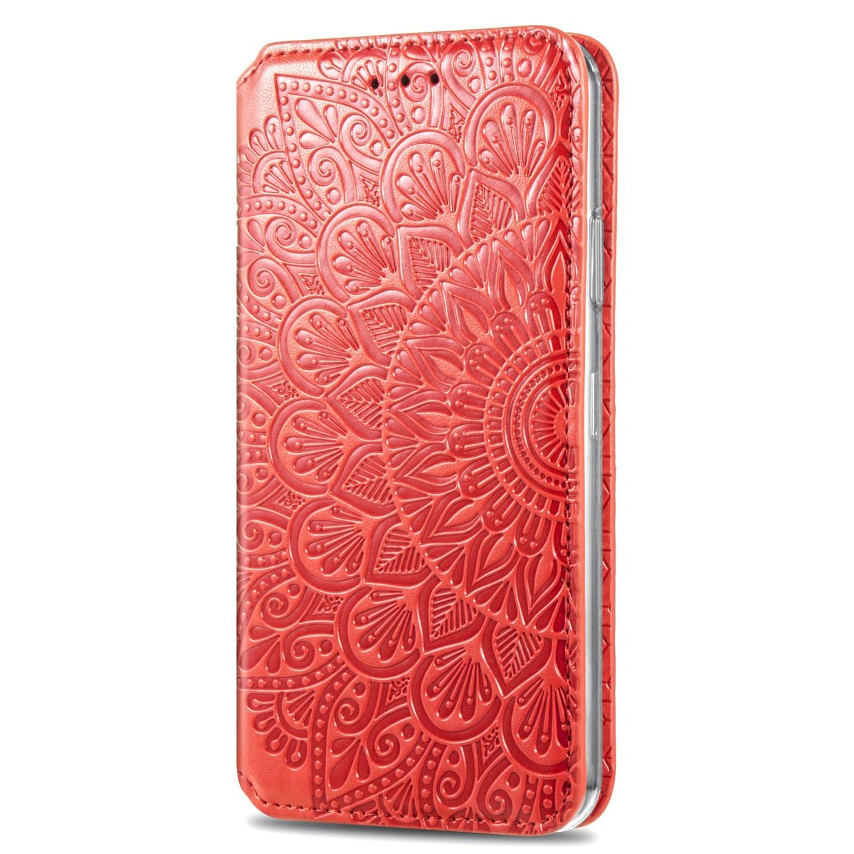 Eine rote, gemusterte Handyhülle. Das Gehäuse hat ein Design im Mandala-Stil. Das Telefon ist nicht sichtbar.