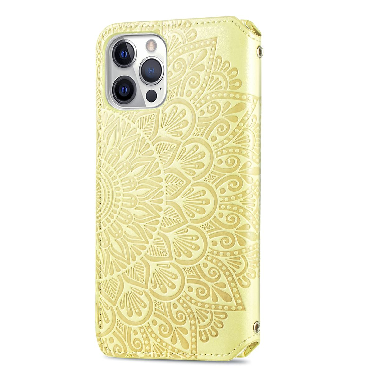 Eine gelbe Handyhülle mit Mandala-Design. Die Hülle ist aus Leder und hat eine Schutzhülle.