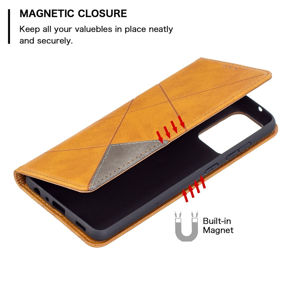 Eine Leder-Handyhülle, offen, zeigt das Telefon und einen Magneten. Braun mit geometrischem Design.