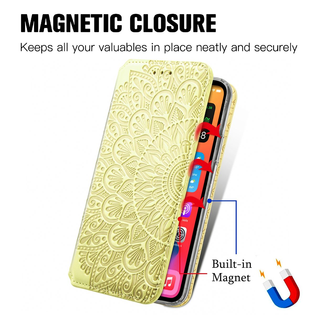 Eine gelbe Handyhülle mit floralem Design und einem Telefon darin, mit Magnet-Nahaufnahme.