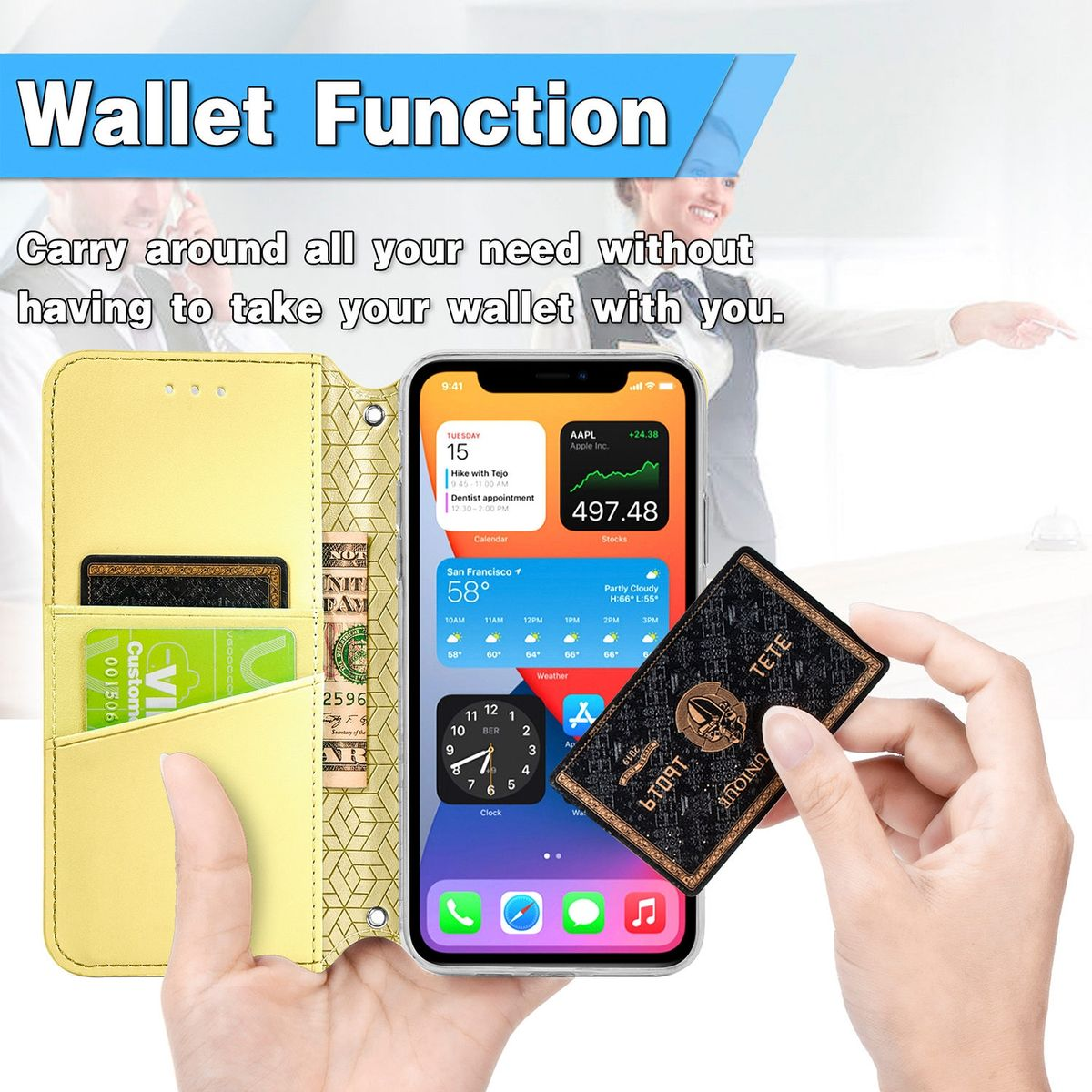 Telefon in einer Brieftasche, Geld und Karten sichtbar. Text: 'Wallet Function'.
