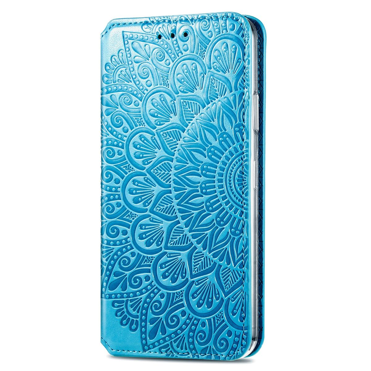 Blaue Handyhülle mit Mandala-Muster auf weißem Hintergrund.