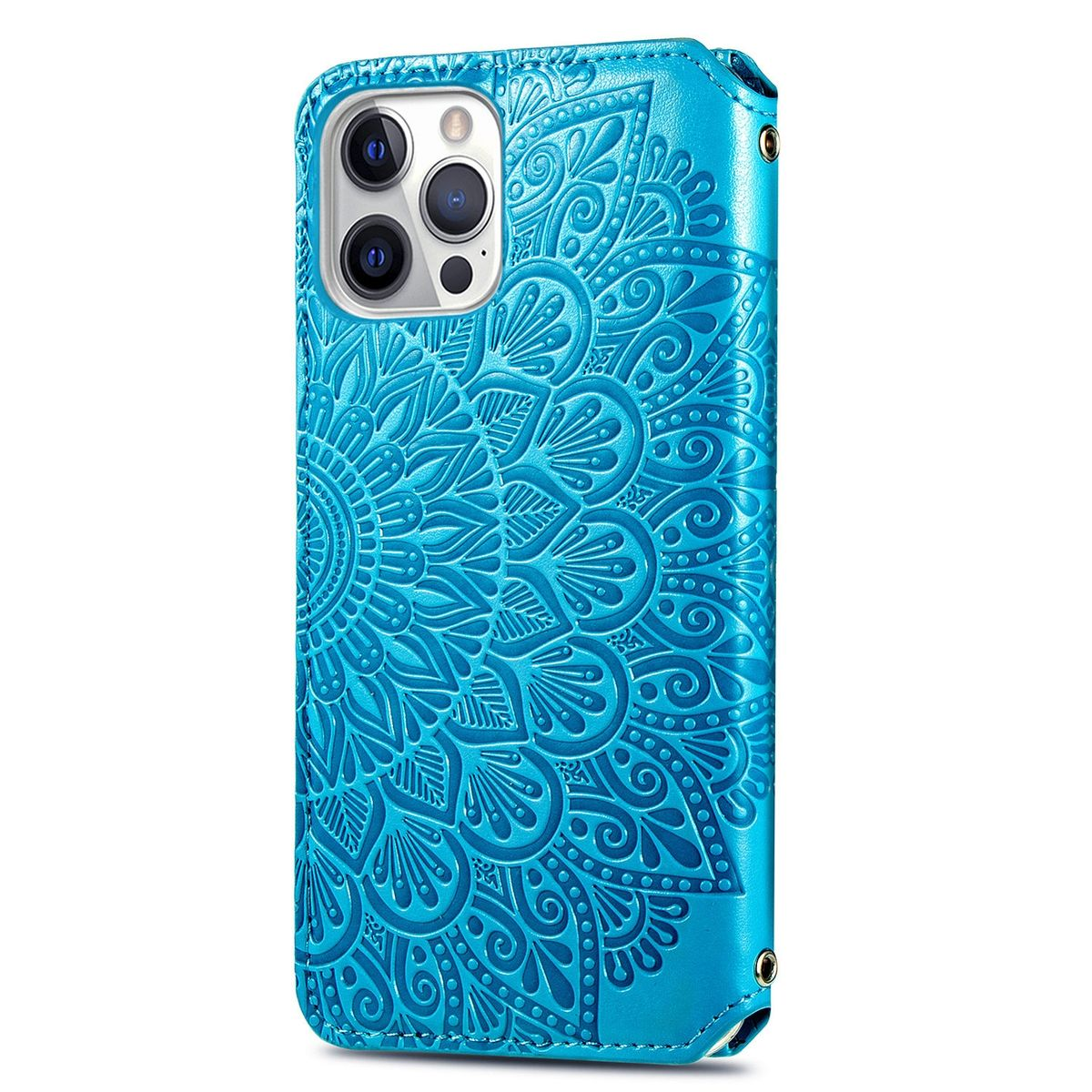Blaue, florale Handyhülle mit Telefon. Die Hülle ist geöffnet.