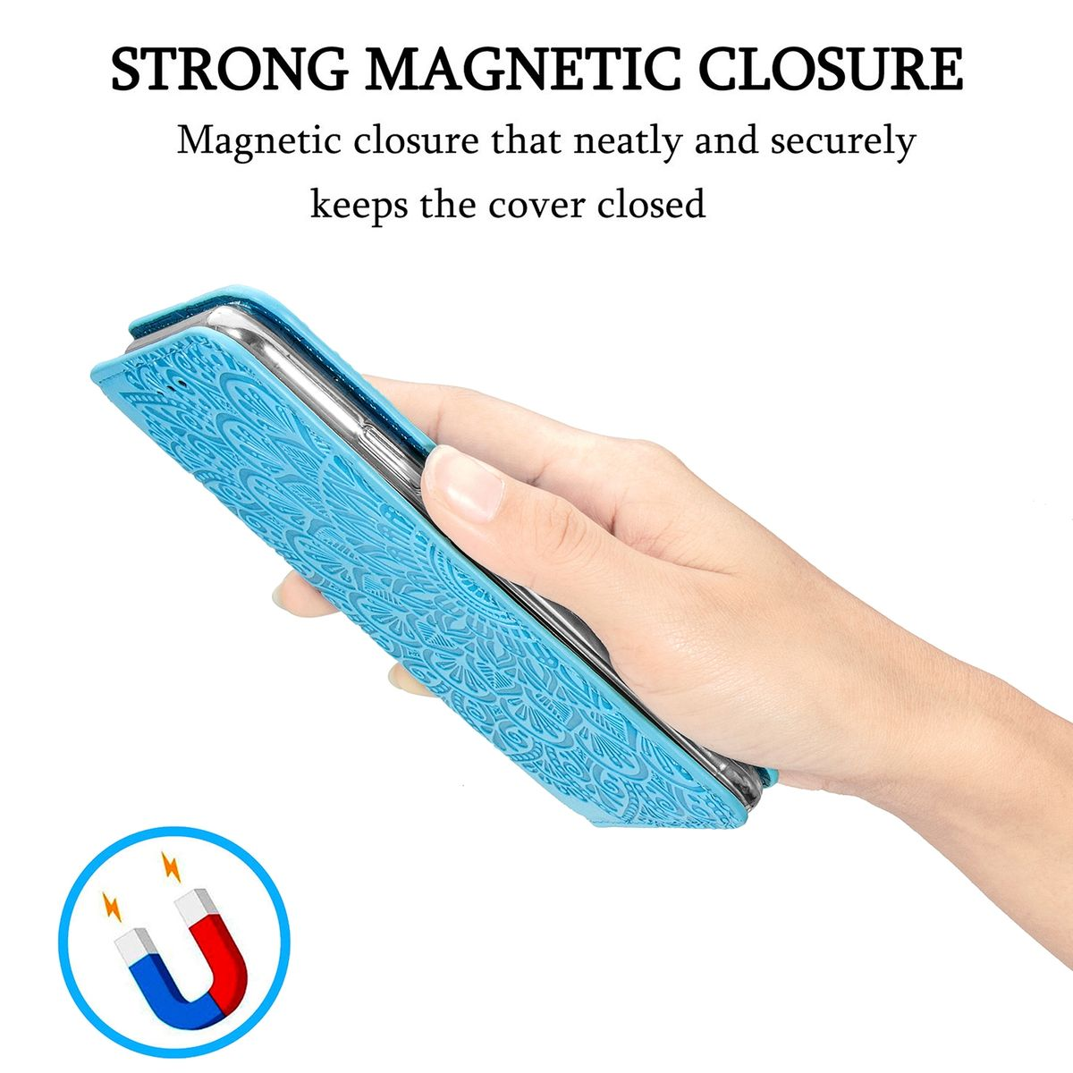 Blaue Handyhülle mit Mandala-Design. Telefon in der Hülle, Hand hält Hülle, Magnet-Symbol, weißer Hintergrund.