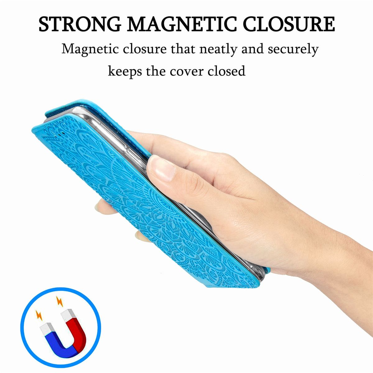 Hand hält blaue Handyhülle, mit Magnetverschluss-Detail.