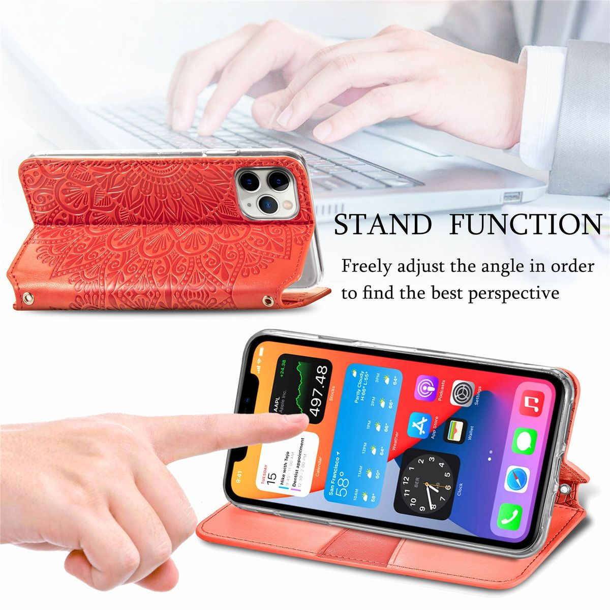 Rote Handyhülle mit Standfunktion. Telefonbildschirm mit Apps und Hände, die interagieren.