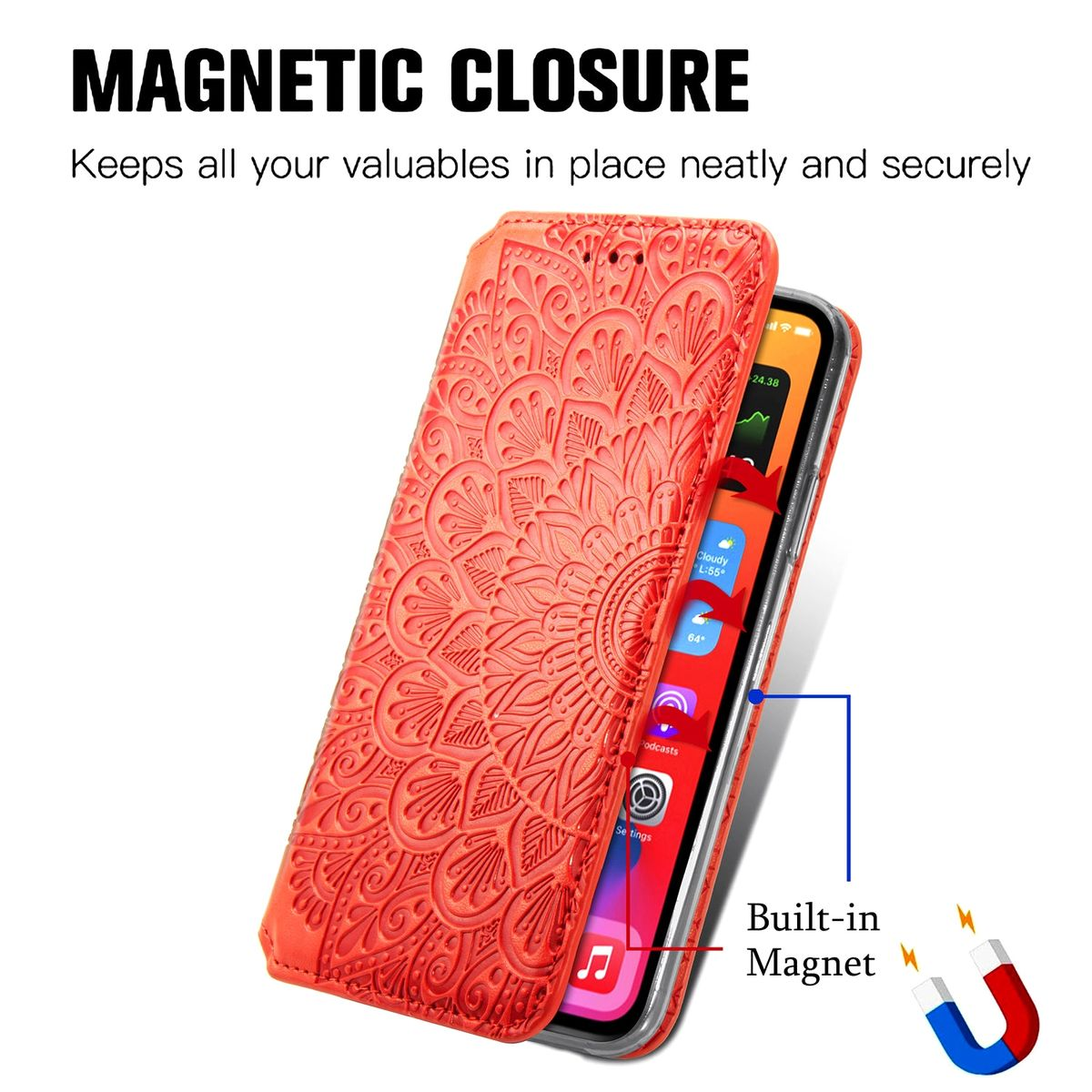 Rote Handyhülle mit Mandala-Muster, offen, zeigt das Telefon. Symbol für eingebauten Magneten.