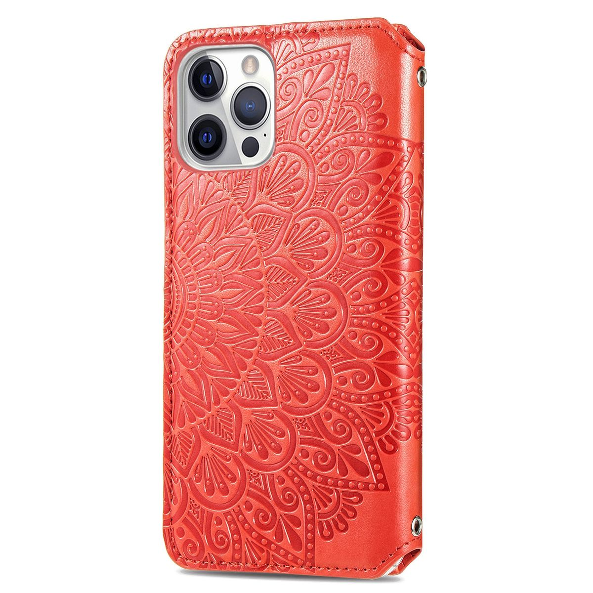 Rote Handyhülle mit Mandala-Design. Die Hülle bedeckt Rückseite und Seiten des Telefons.