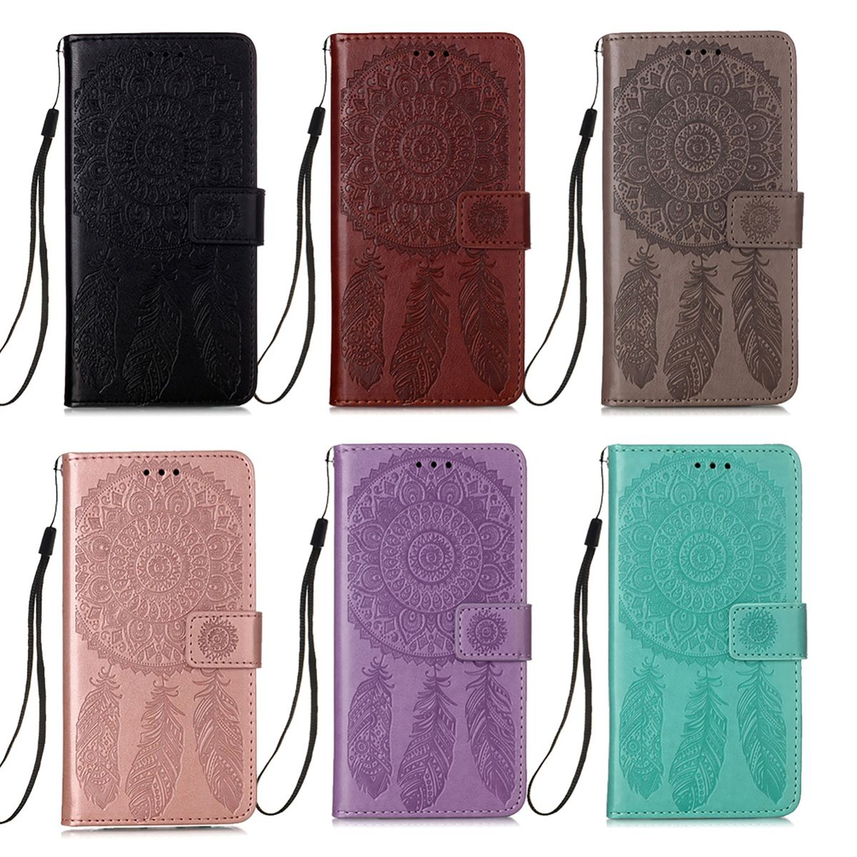 Verschiedene bunte Handyhüllen mit Mandala- und Federdesign.