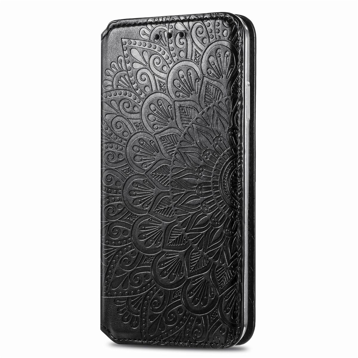 Schwarze Handyhülle mit geprägtem Blumenmuster, geöffnet, zeigt Telefon im Inneren.