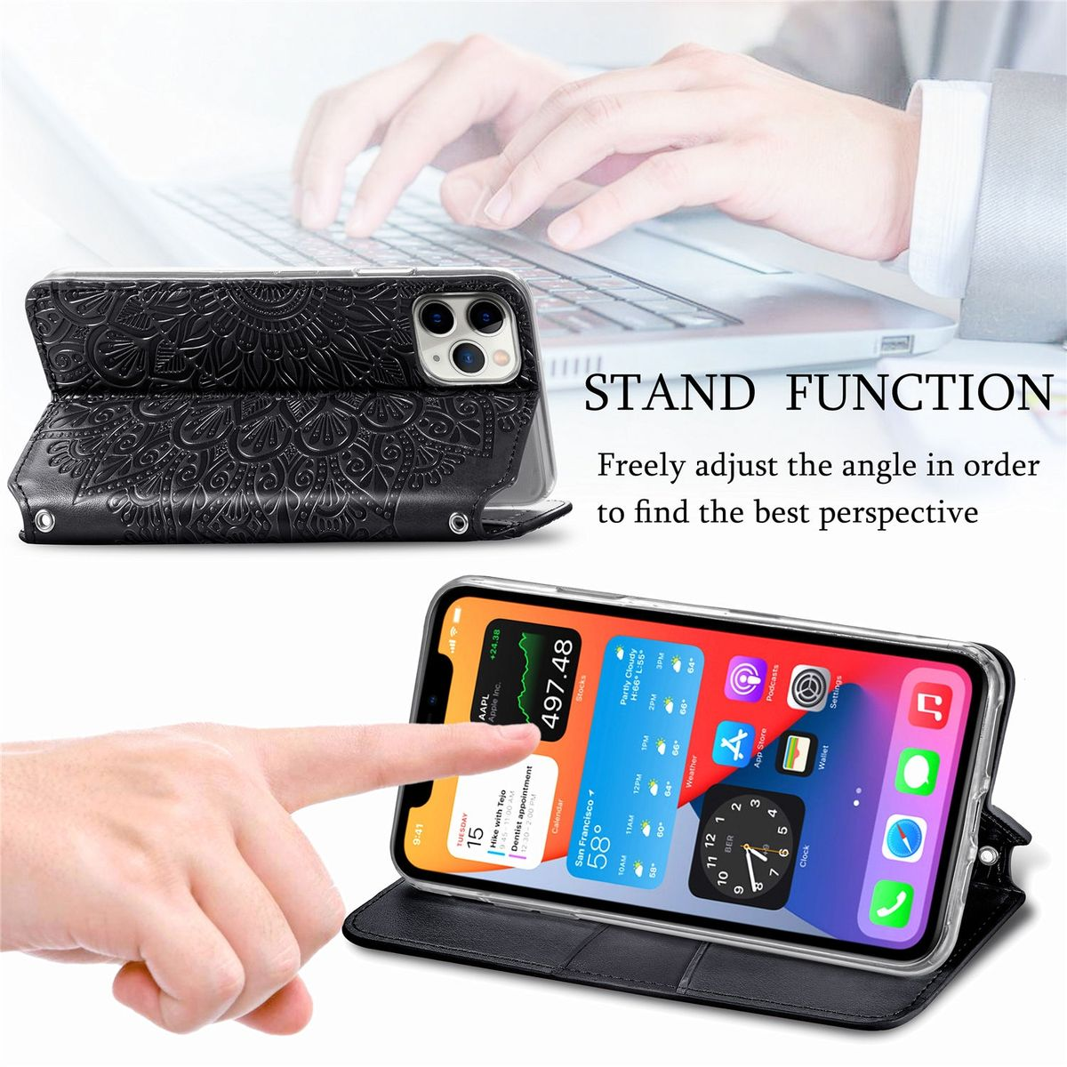 Schwarze Handyhülle mit Blumendesign, offen, mit Telefon und Person, die einen Laptop benutzt.