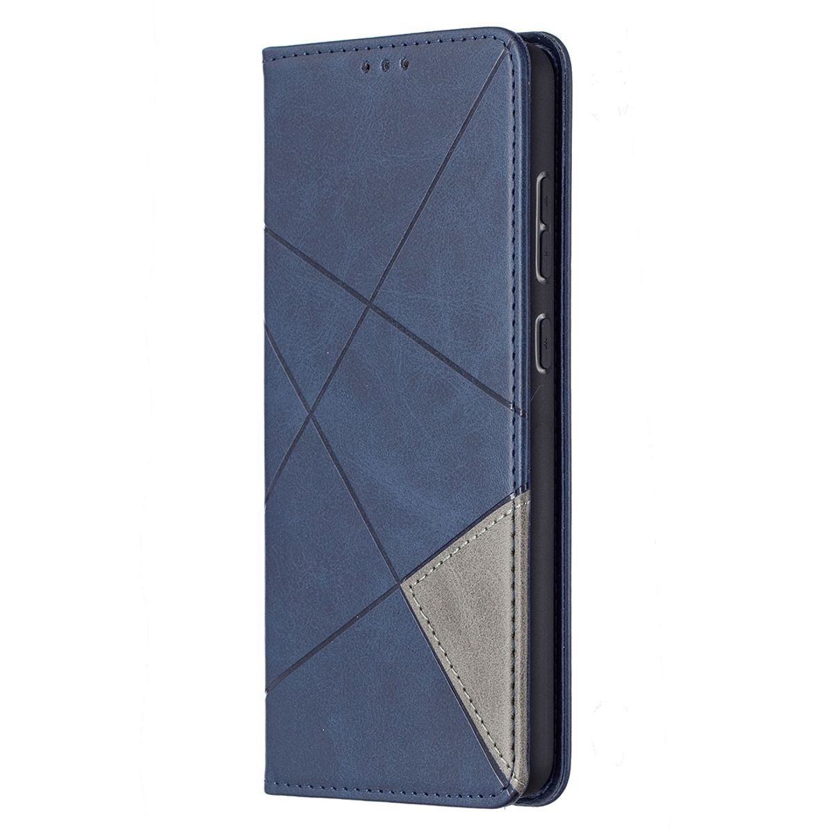 Blaue Leder-Handyhülle mit geometrischen Mustern. Die Hülle ist geschlossen.
