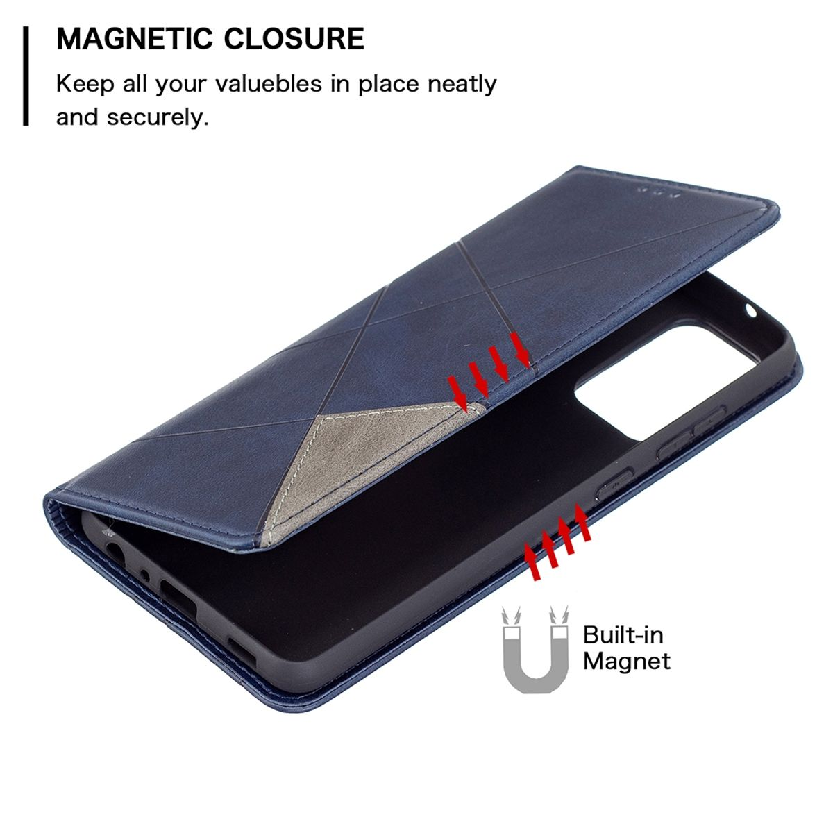 Blaue Handyhülle mit geometrischem Design, eingebautem Magneten und Lederstruktur.