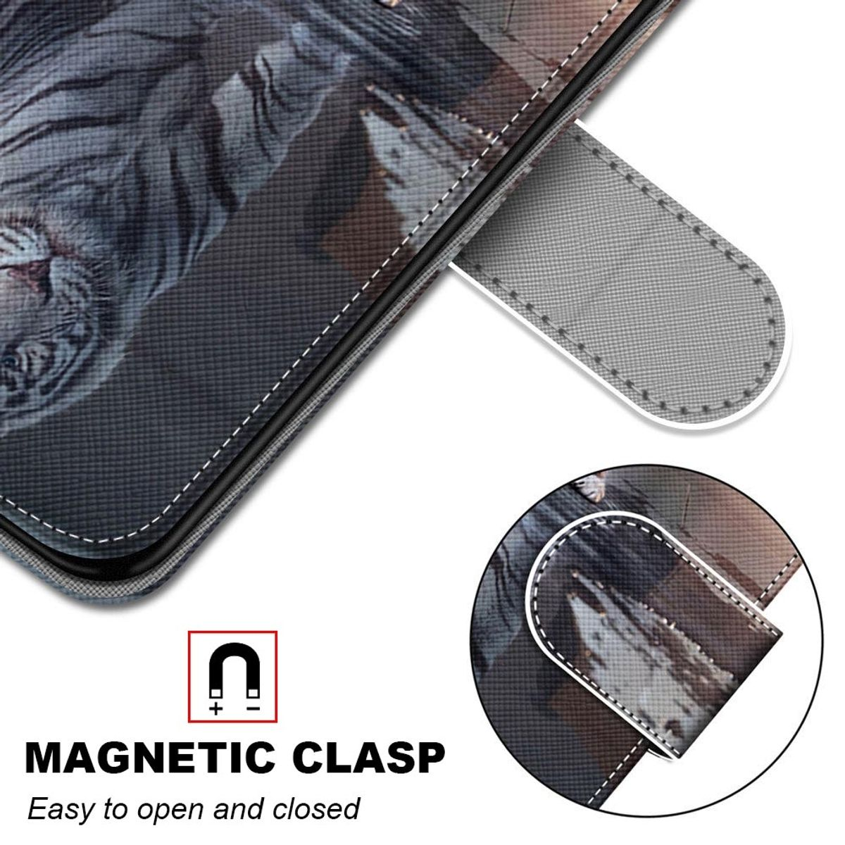 Handyhülle mit Tigerbild und Magnetverschluss zum einfachen Öffnen und Schließen.