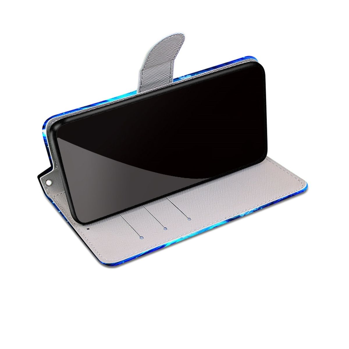 Geöffnete Handyhülle mit Telefon, grauem Innenraum und blau-weiß gemustertem Äußeren, auf weißer Oberfläche.