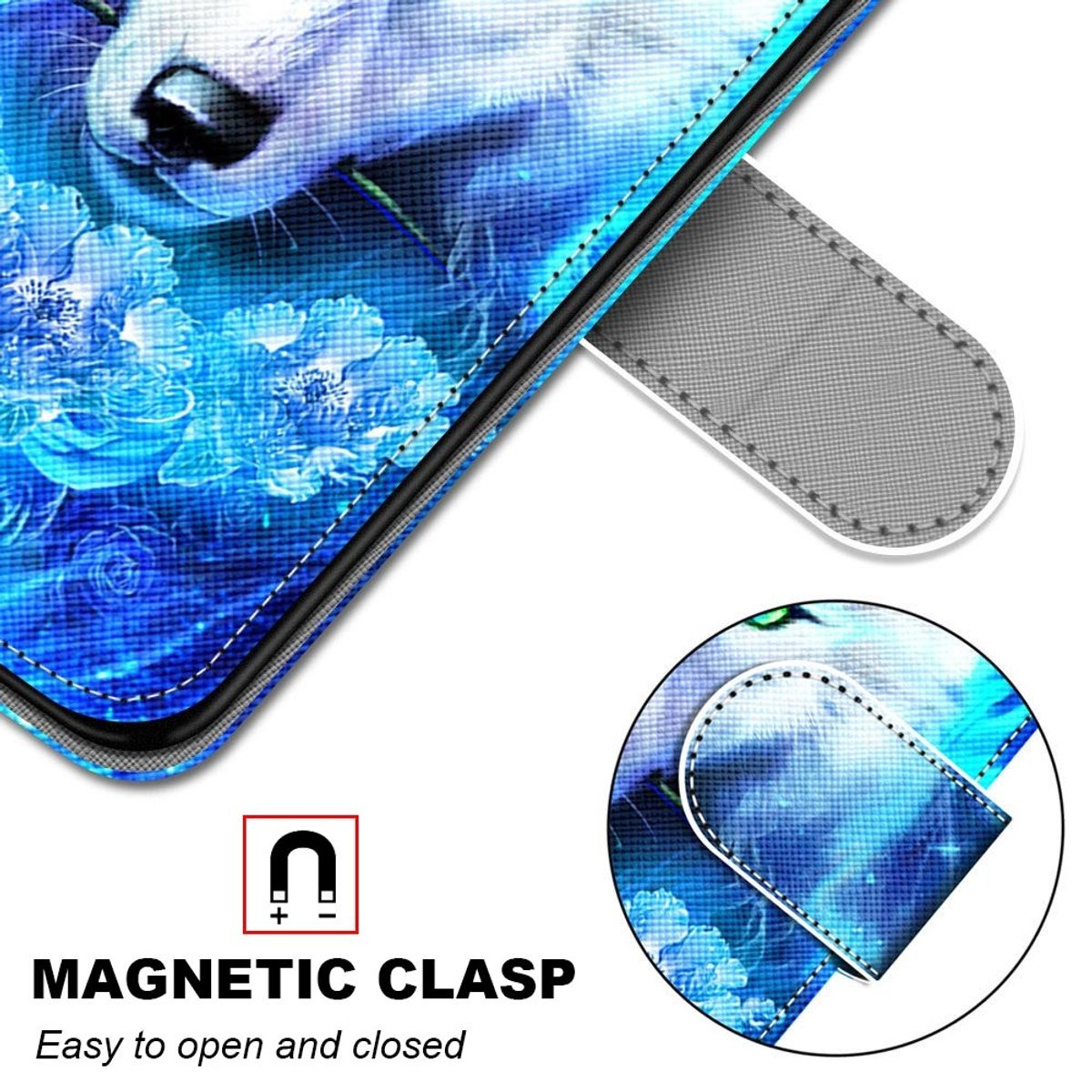 Eine blaue Handyhülle mit Wolf-Design und Magnetverschluss, Nahaufnahme.