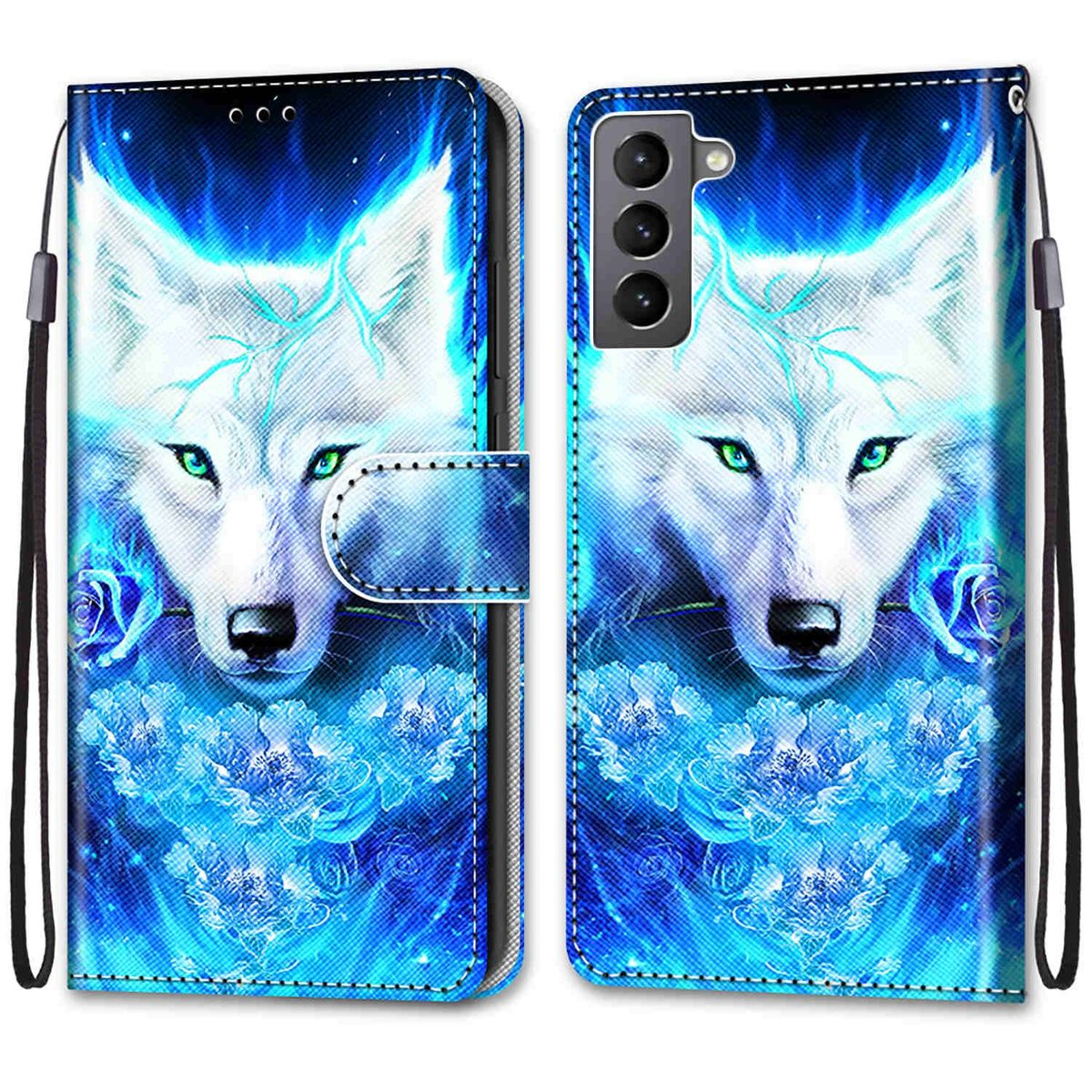 Eine Handyhülle mit einem Wolfsdesign. Es hat einen weißen Wolf mit blauer Flamme und Rosen.