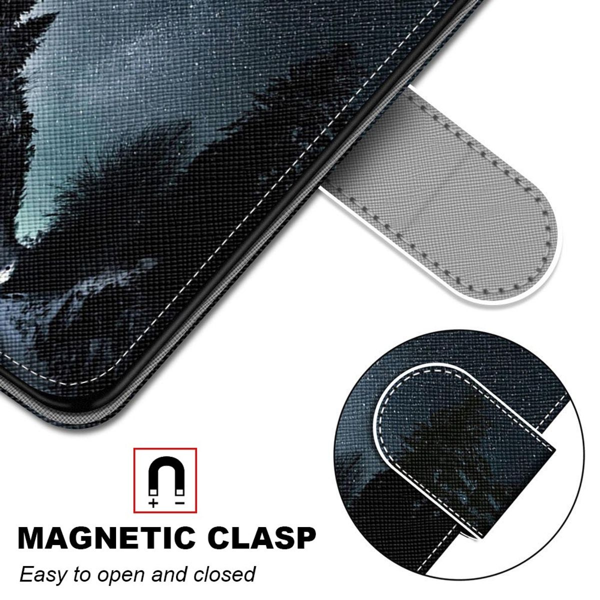 Handyhülle Detail: Magnetverschluss. Schwarze, graue und weiße Farben. Einfach zu öffnen und zu schließen.
