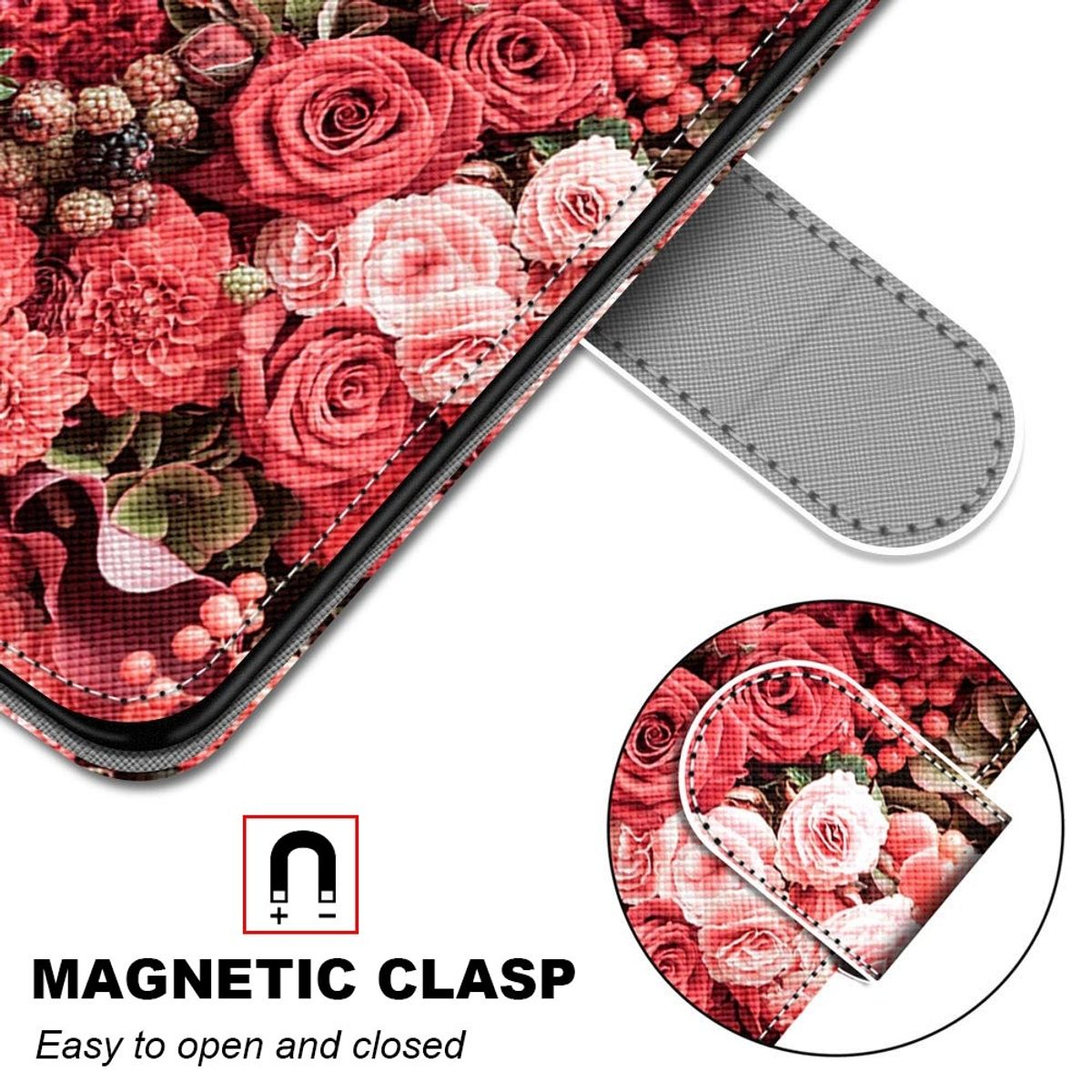 Handyhülle mit Blumendruck und Magnetverschluss, Rosen im Hauptbild und in einer Detailansicht.